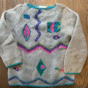 Artisan Gray Sweater with Pink and Green Patterns